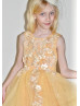 Beaded Golden Yellow Lace Tulle Curly Hem Flower Girl Dress